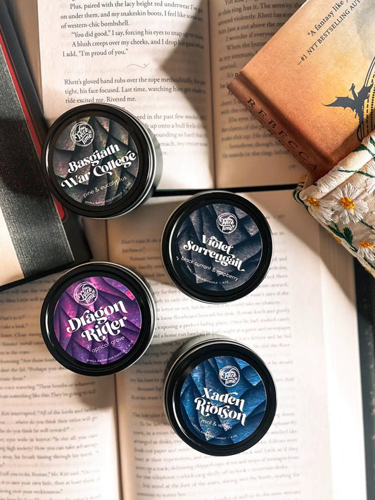 Dragon Rider Candle apricot green notes and pear, small tin with In the Wick of Time label on Tampa Home & Garden Store