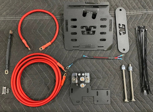 Speed UTV second battery kit with black mounting plate and red power cables and hardware on Tampa Home & Garden Store
