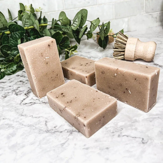 Gia Roma oatmeal milk and honey exfoliating soap bars, blocks with specks on marble, 4 bars on Tampa Home & Garden Store