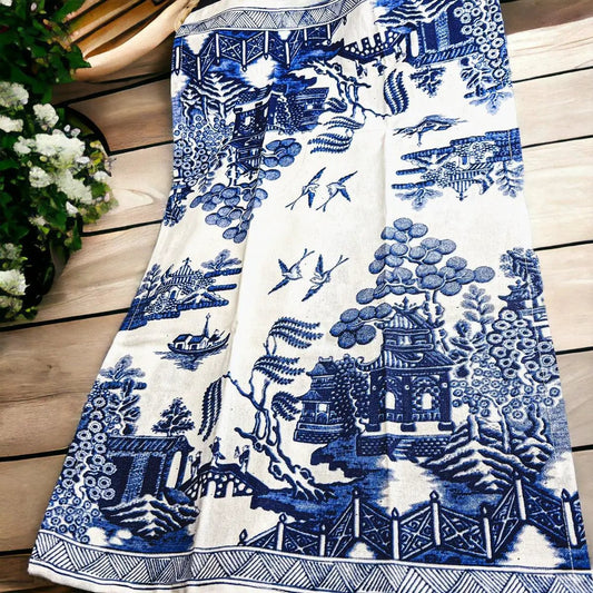 Chinoiserie blue and white tea towel Gia Roma with pagodas and gardens kitchen dish towel on Tampa Home & Garden Store