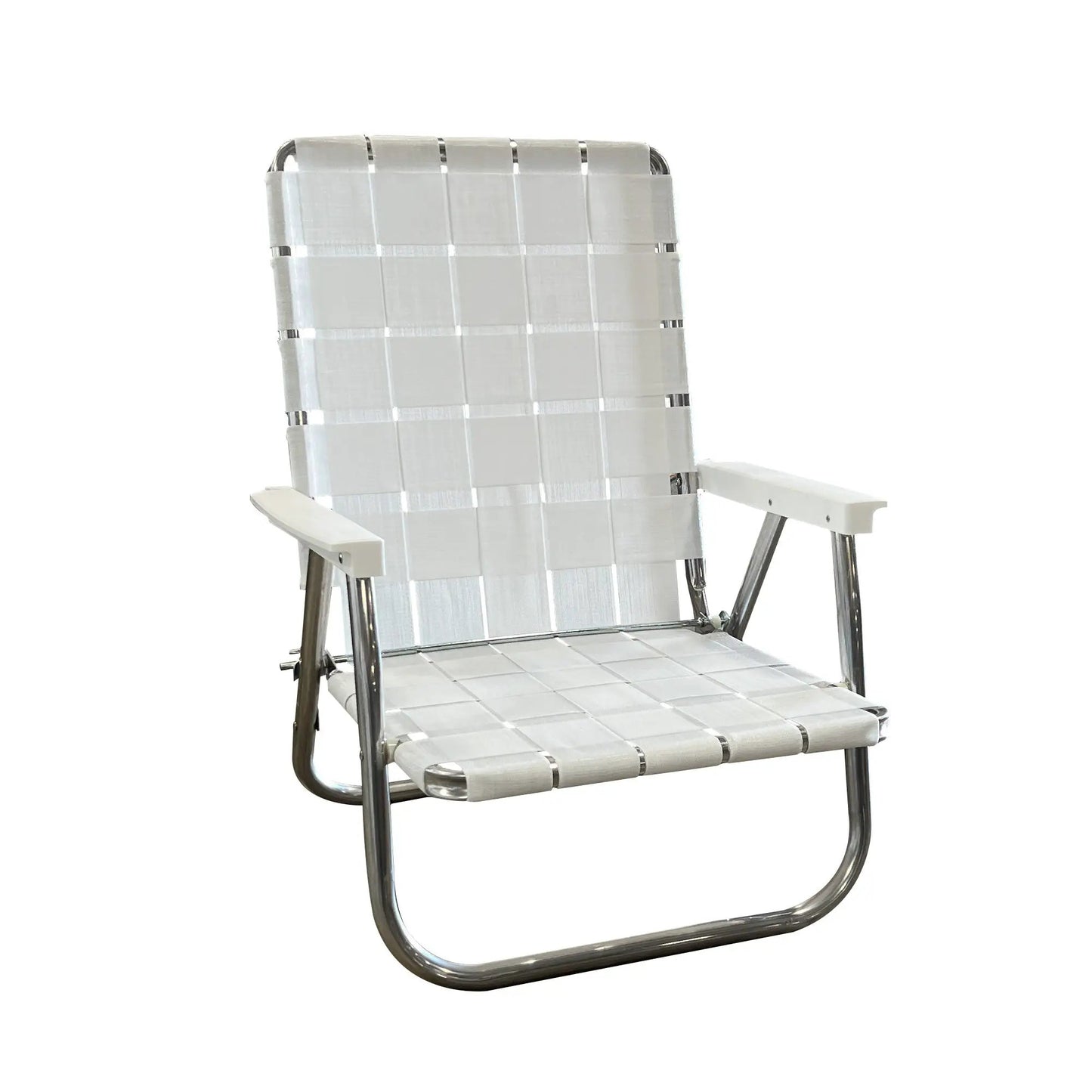 Bright white high-back folding beach chair with aluminum frame and woven straps on Tampa Home & Garden Store