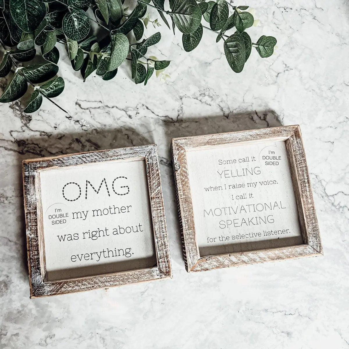 OMG Mom Sign double-sided 6 inch hanging plaque pair in wood frames Gia Roma on Tampa Home & Garden Store