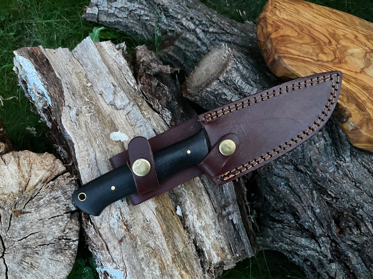 Custom handmade Damascus brush-craft blade TK-012 with black handle and leather sheath on Tampa Home & Garden Store