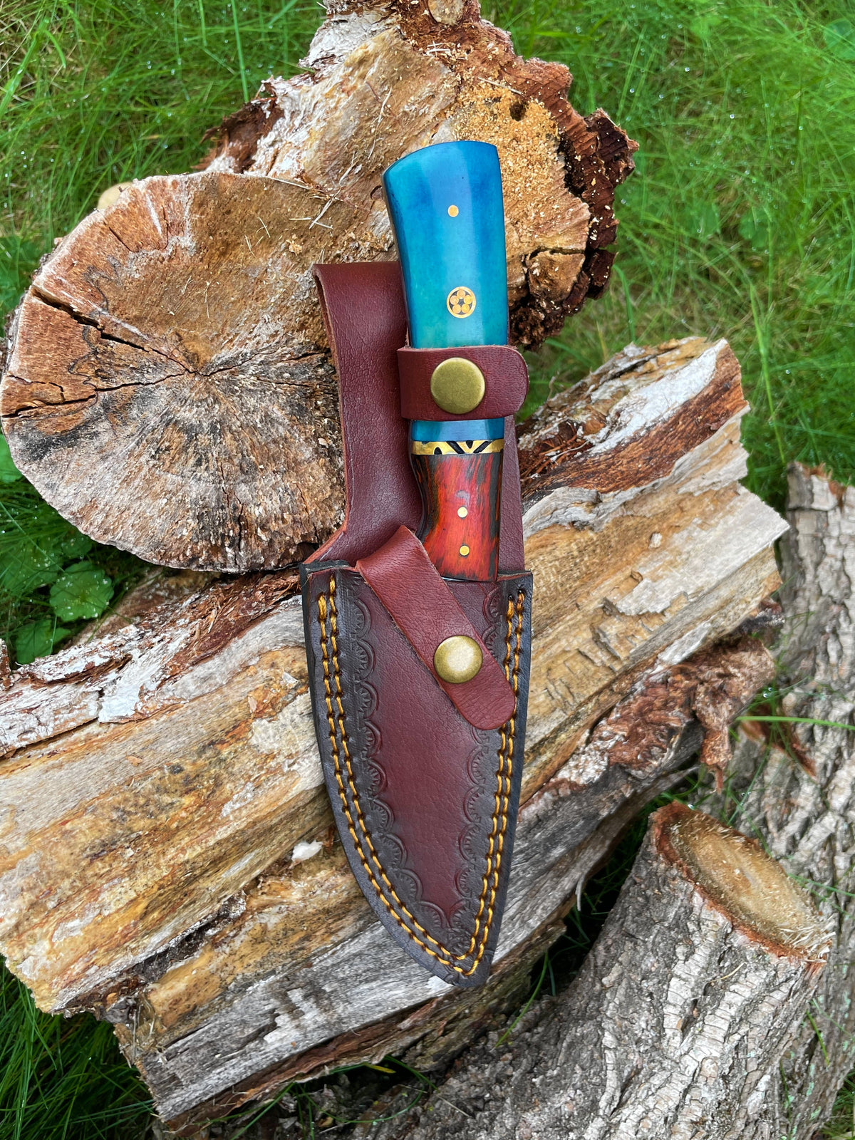 Damascus hunting knife Garnet Starlight blue handle TK-014 in brown leather sheath on a log on Tampa Home & Garden Store
