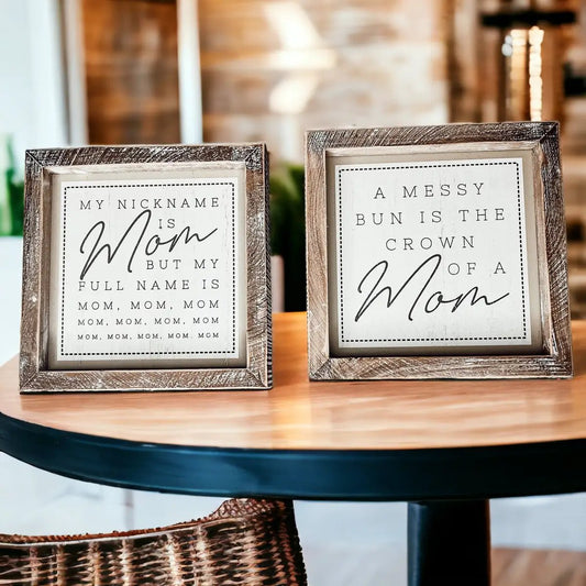 Team Mom Bun Sign double sided 7 inch plaques in distressed wood frames two signs on Tampa Home & Garden Store