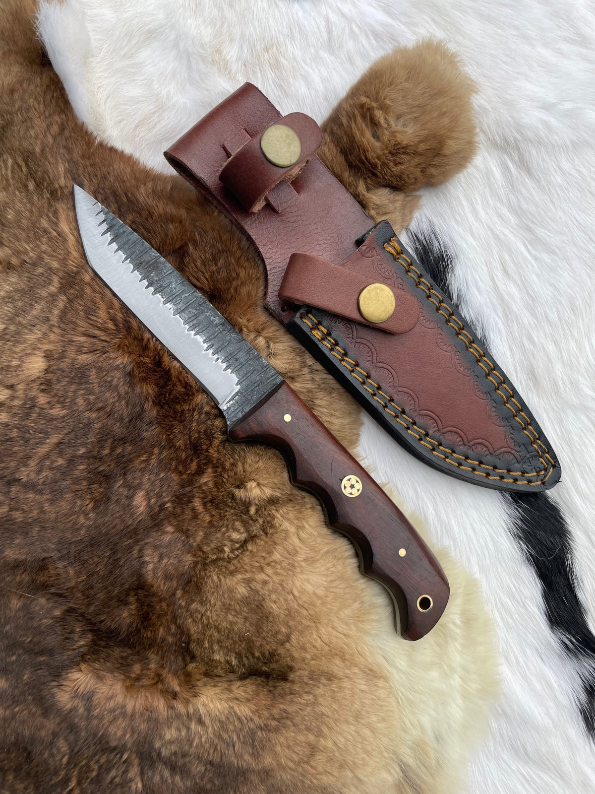 Carbon Steel Tanto TC-065 by Titan International K with brown handle and leather sheath on Tampa Home & Garden Store