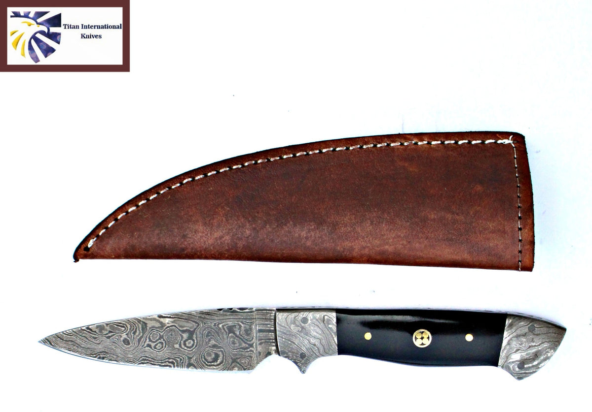 TD-005 Titan fixed blade knife with Damascus-pattern blade and brown leather sheath on Tampa Home & Garden Store