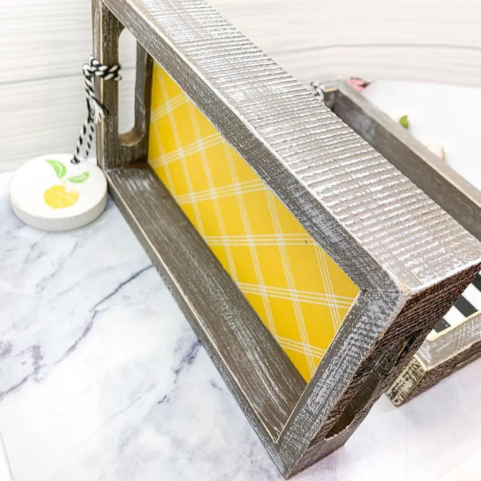 Wooden serving tray Squeeze the Day Sunlit Yellow Stripe with plaid interior Gia Roma on Tampa Home & Garden Store