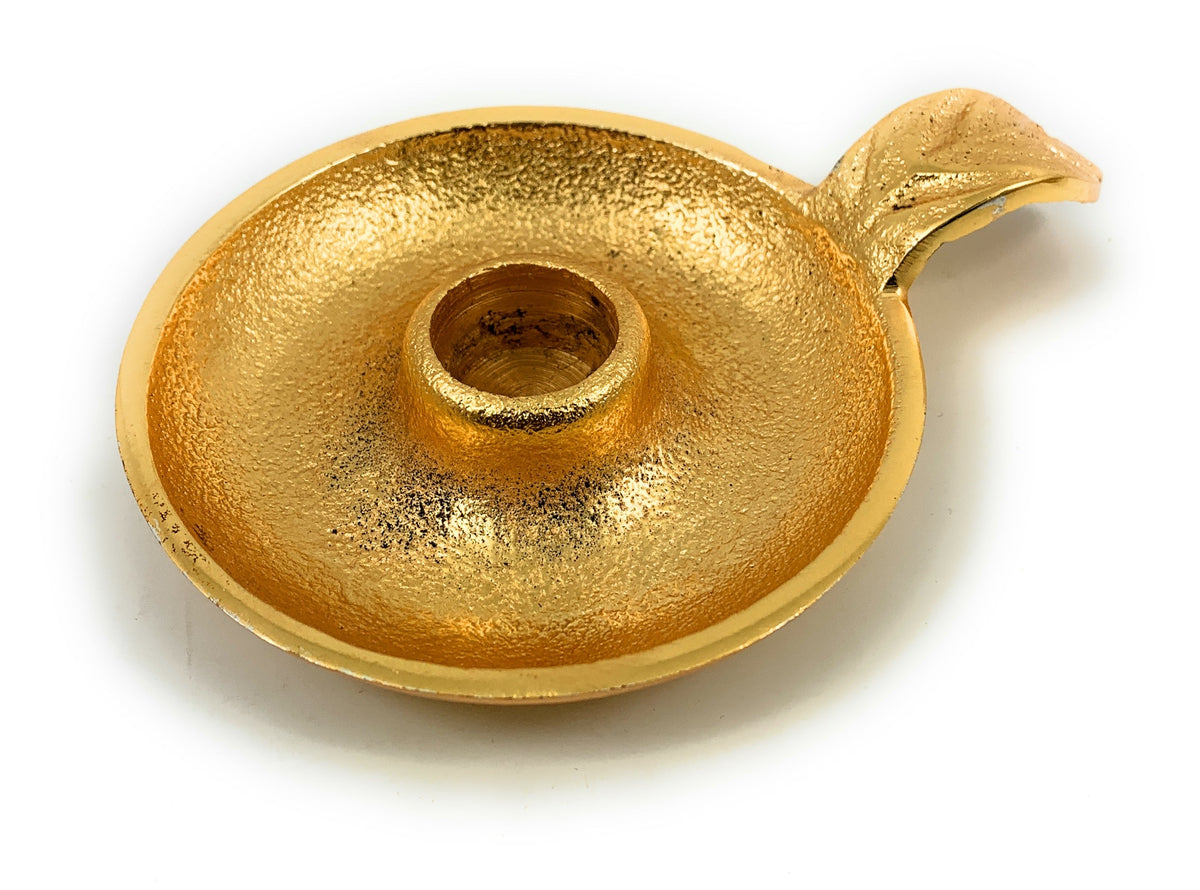 Vibhsa Gold Taper Candlestick Holder Dish with leaf handle in rustic gold aluminum on Tampa Home & Garden Store