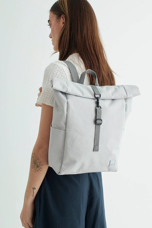 Roll Mini Backpack light grey with padded laptop sleeve by Lefrik USA, top-rolled closure on Tampa Home & Garden Store