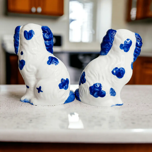 Staffordshire dog salt and pepper shakers, blue cobalt spots on white porcelain, Gia Roma on Tampa Home & Garden Store