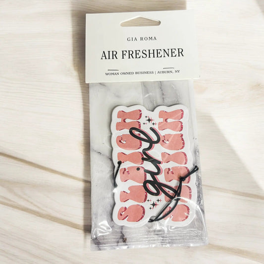 Air freshener tag by Gia Roma featuring pink sleigh girl design for car on Tampa Home & Garden Store