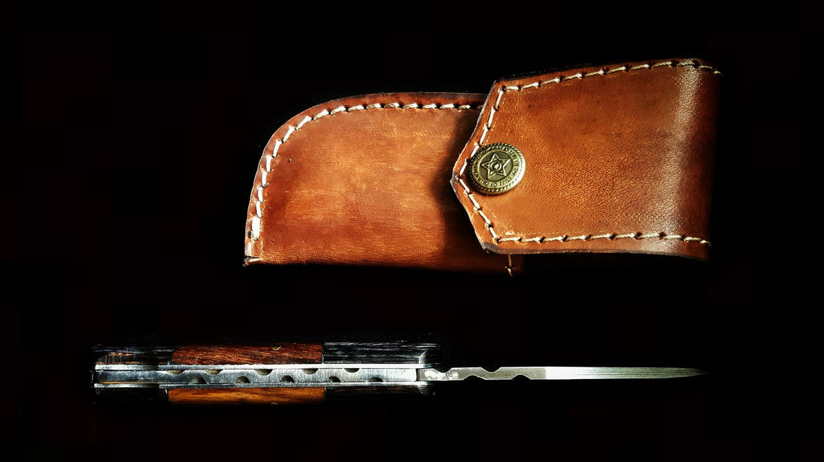 TF-009 Titan International K leather knife sheath brown with white stitching brass snap on Tampa Home & Garden Store