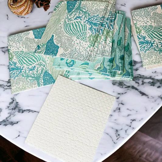 Gia Roma coastal biodegradable kitchen cloths in teal sea coral prints on Tampa Home & Garden Store