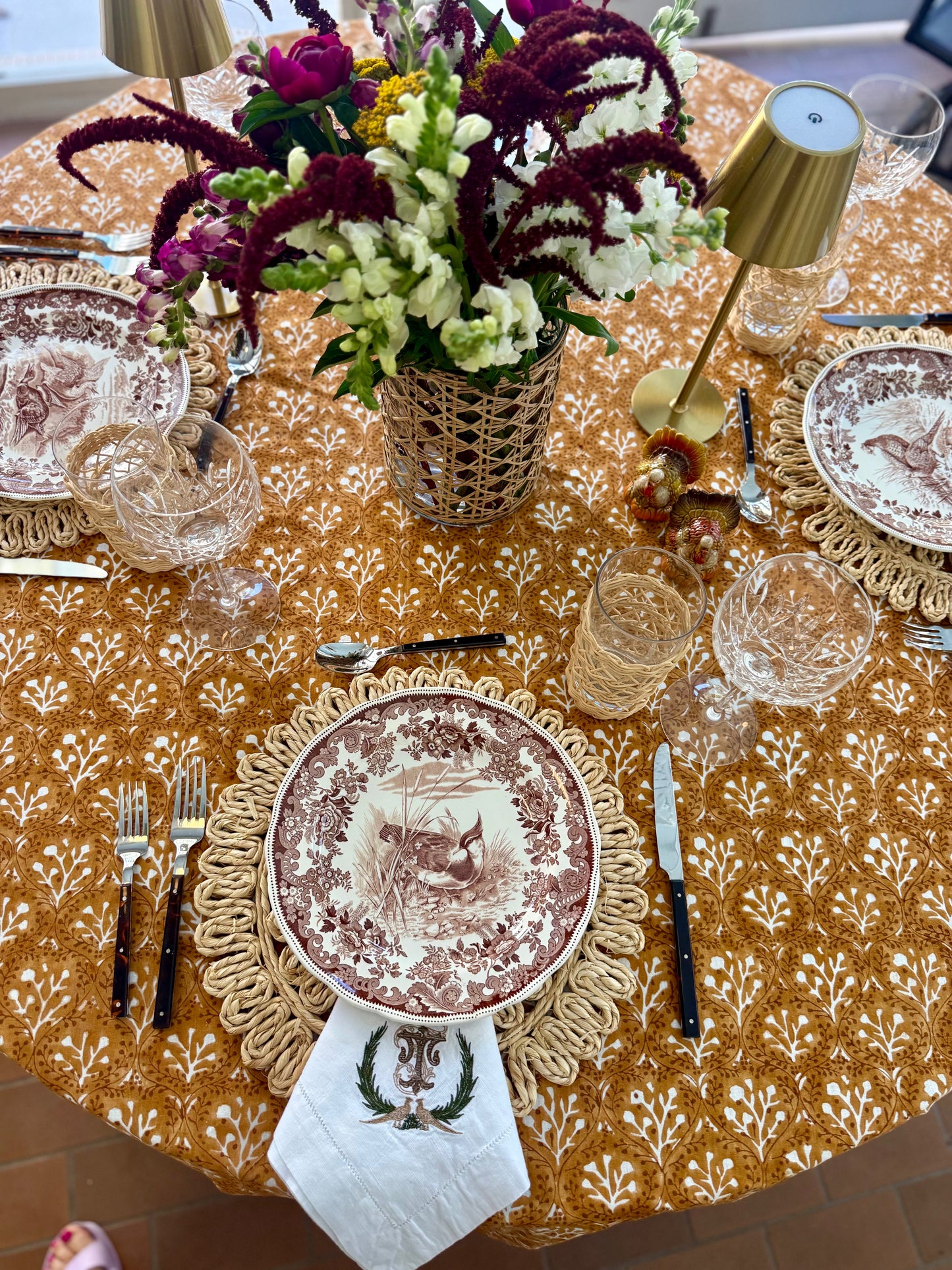 Laurel Tablecloth in Goldenrod by Erin Donahue Tice, refined table setting with placemats on Tampa Home & Garden Store