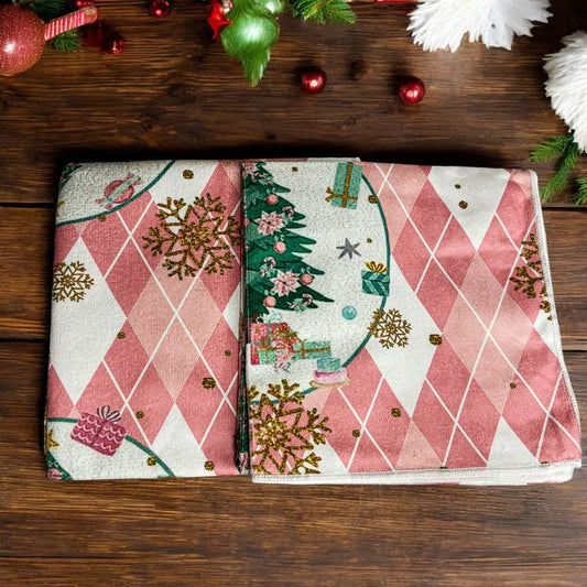Pink Christmas Hand Towel with Glitter Snowflakes, pink argyle pattern kitchen towel on Tampa Home & Garden Store
