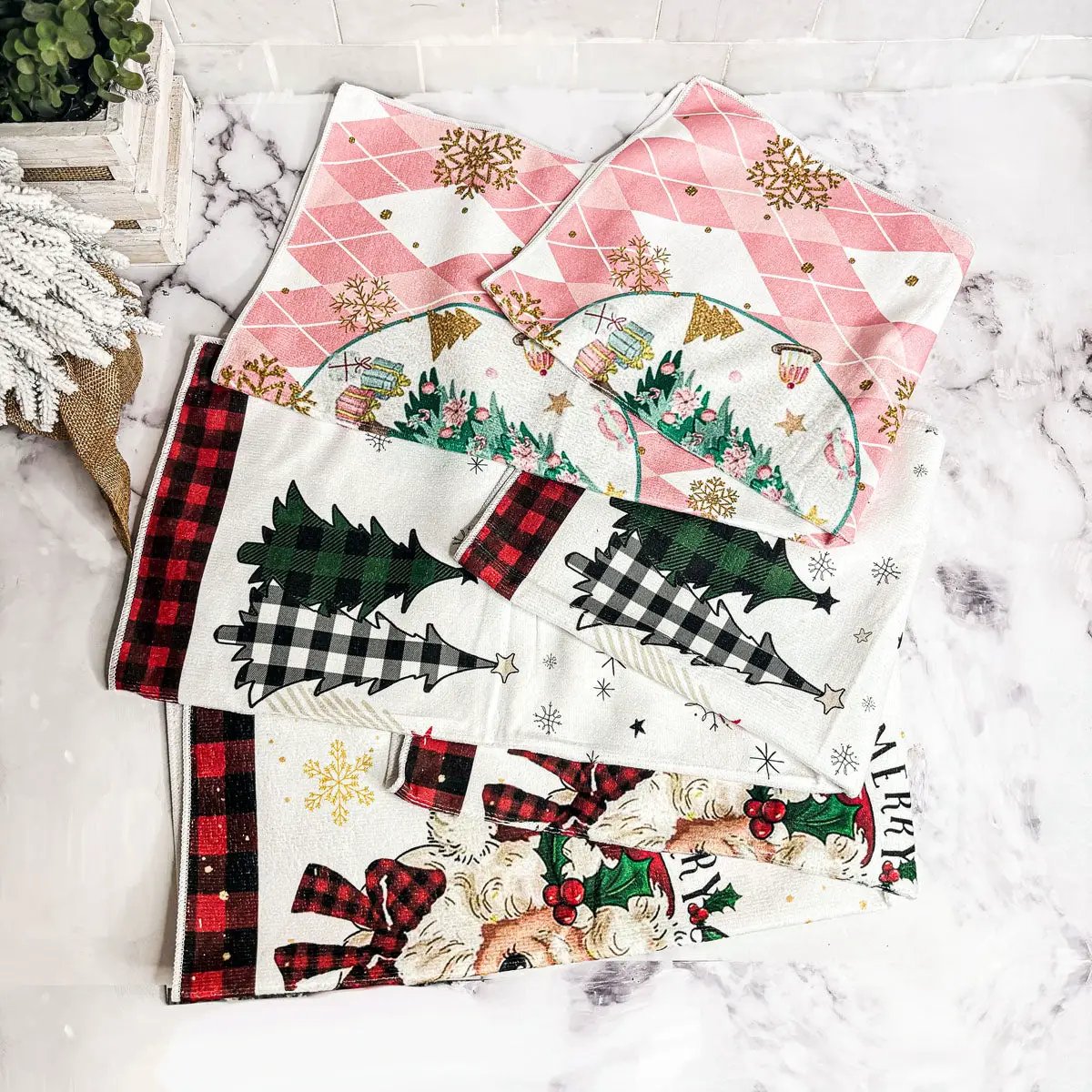 Dish towel set Gia Roma with pink glitter snowflakes and mixed festive patterns on Tampa Home & Garden Store