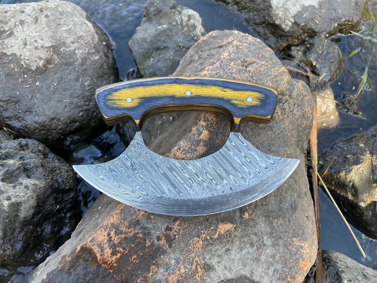 Damascus steel Alaskan Ulu knife TK-035 with blue-yellow layered handle by Titan International K on Tampa Home & Garden Store