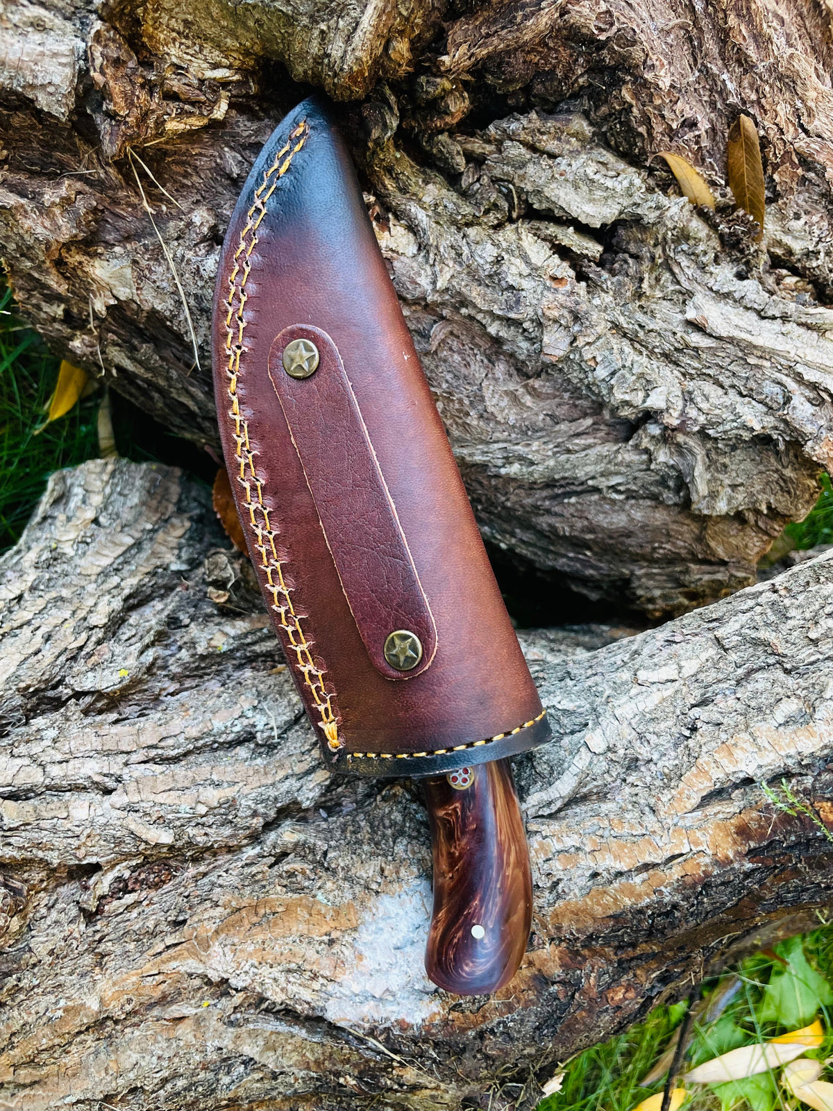 Hand forged Damascus knife with wood handle in brown leather sheath by Titan on Tampa Home & Garden Store