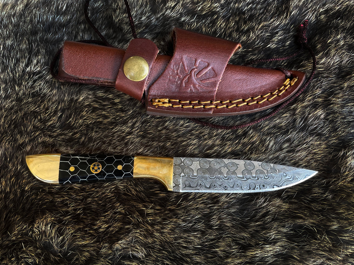 Titan The Golden Serpent TK-413 Damascus steel hunting knife with brown leather sheath on Tampa Home & Garden Store