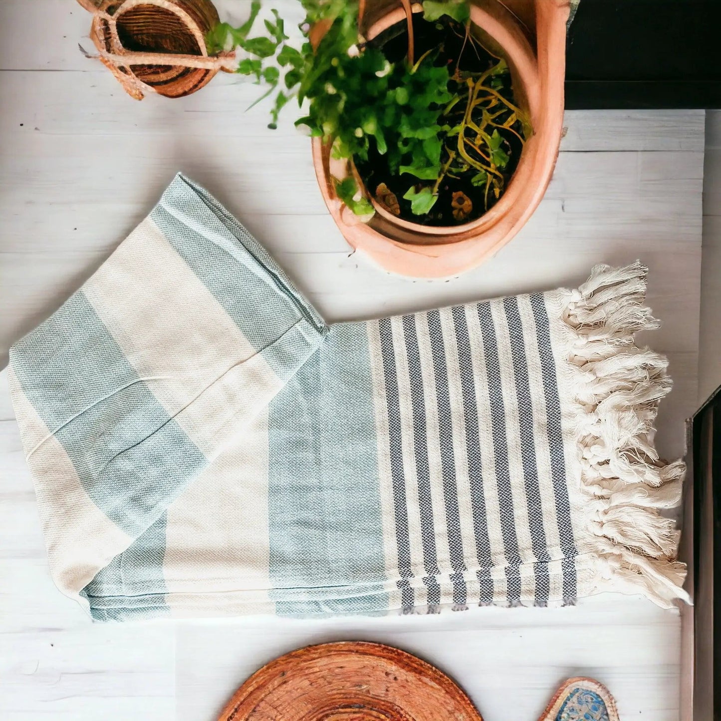 Blue Mediterranean towel with blue and white stripes, fringed, 180 GSM for beach and home on Tampa Home & Garden Store