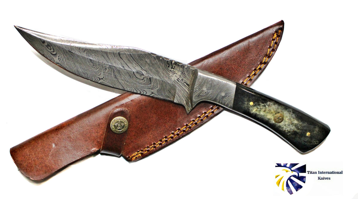 Hand forged Damascus hunting knife TD-193 by Titan, patterned blade, leather sheath on Tampa Home & Garden Store