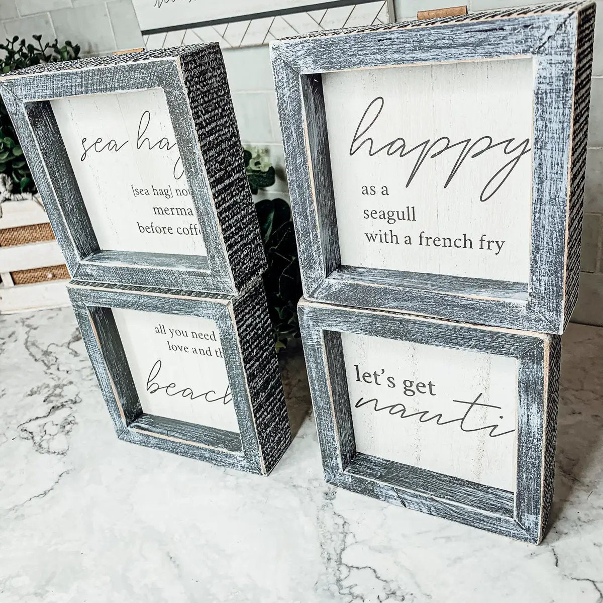 Nauti Sign Beach Wall Decor wall art set of 4, distressed whitewashed frames by Gia Roma on Tampa Home & Garden Store
