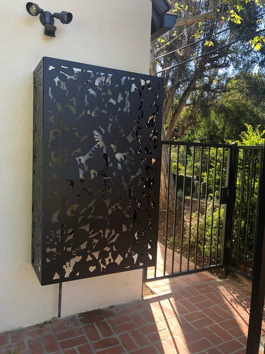 Outdoor metal privacy screen with leaf-cutout, black, 46-inch Rustica Ornamentals panel on Tampa Home & Garden Store