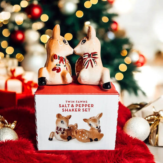 Reindeer hand-painted salt and pepper shaker pair, tan ceramic kissing duo beside a red box on Tampa Home & Garden Store