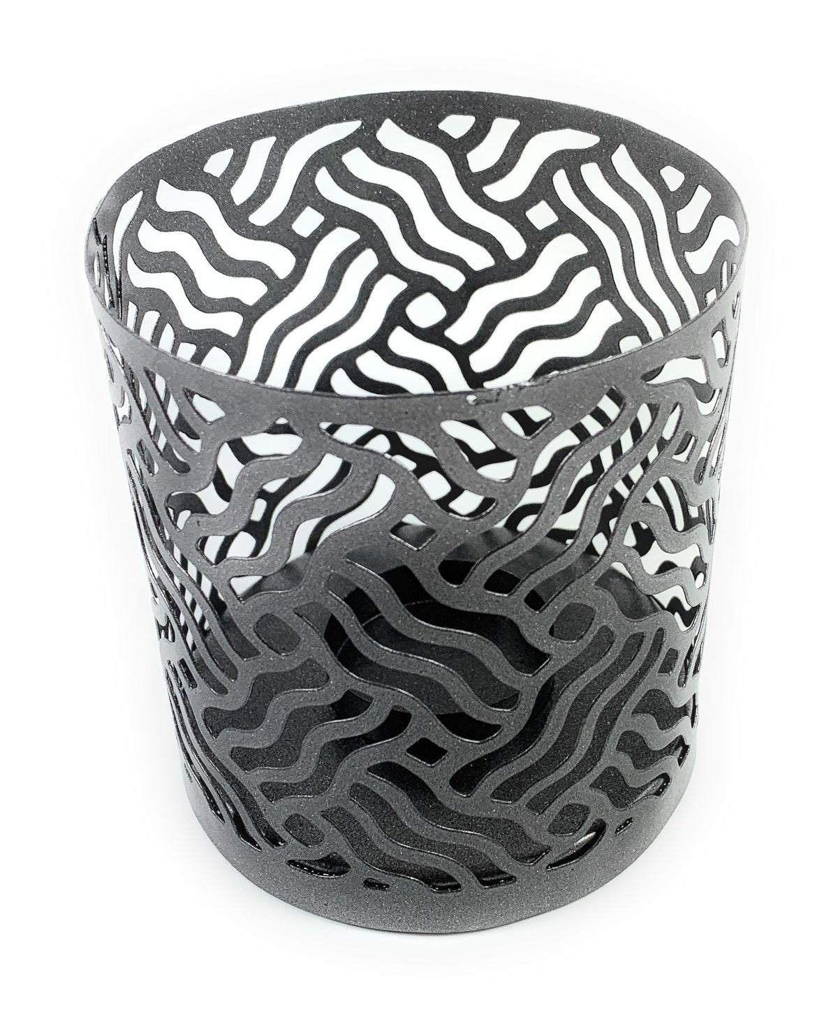 Vibhsa votive candle holders, set of 2, grey metal with laser-cut wavy pattern on Tampa Home & Garden Store