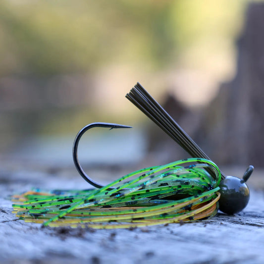 Lead football jigs 3-pack by Reaction Tackle with green camo skirts for bass fishing on Tampa Home & Garden Store