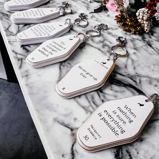 Wooden Keychains with Inspirational Messages by Gia Roma, wooden tags on metal rings on Tampa Home & Garden Store