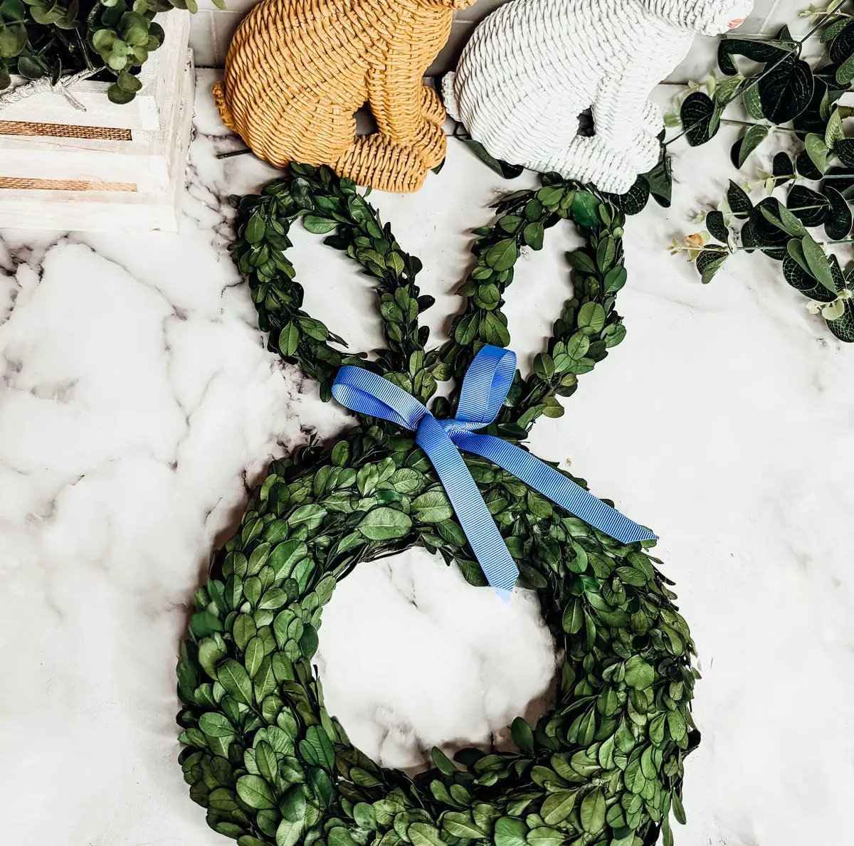 Bunny Wreath Boxwood with Blue Bow for Door Decor