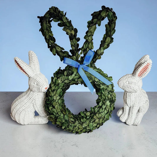 Bunny Wreath Boxwood by Gia Roma with two white wicker rabbits and blue ribbon on Tampa Home & Garden Store