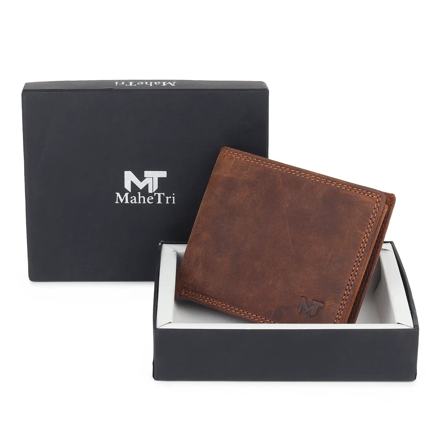 Buffalo leather men's wallet hunter finish in brown with stitching on MaheTri box logo on Tampa Home & Garden Store