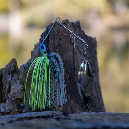 Reaction Tackle tungsten spinnerbait jigs 2-pack with blue blade and neon-green skirt on Tampa Home & Garden Store
