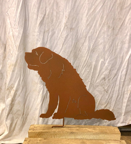 St. Bernard garden stake rust-colored metal silhouette by Rustica Ornamentals lawn ornament on Tampa Home & Garden Store