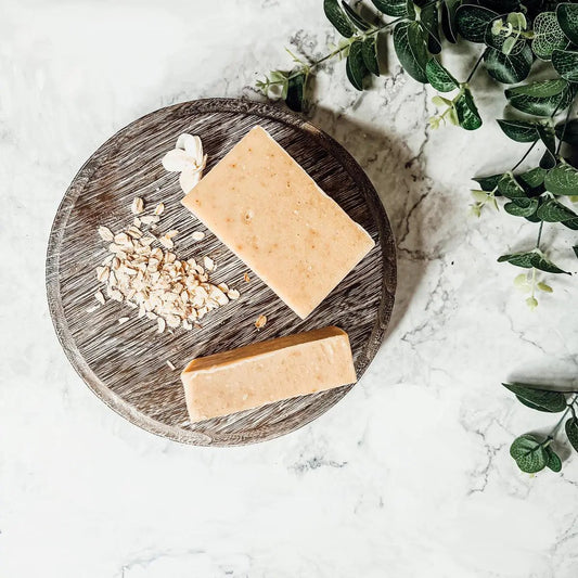 Oatmeal Spice Bar Soap Gia Roma beige bars on round board with oats on Tampa Home & Garden Store