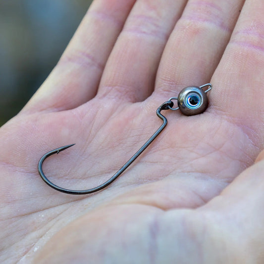 Reaction Tackle Free Swing Jig Head silver with blue eye close-up in hand on Tampa Home & Garden Store