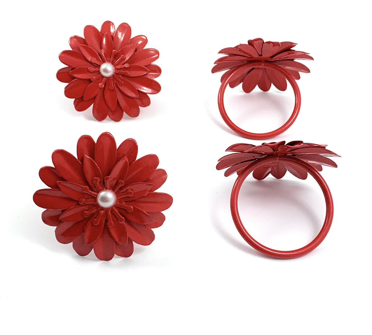 Vibhsa red floral napkin rings set of 4 with pearl centers, handcrafted on Tampa Home & Garden Store