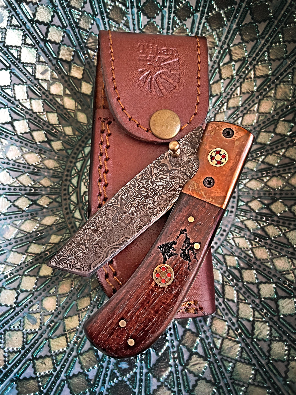 Damascus steel folding knife with tanto blade walnut handle copper bolster Titan Samurai TF-012 on Tampa Home & Garden Store