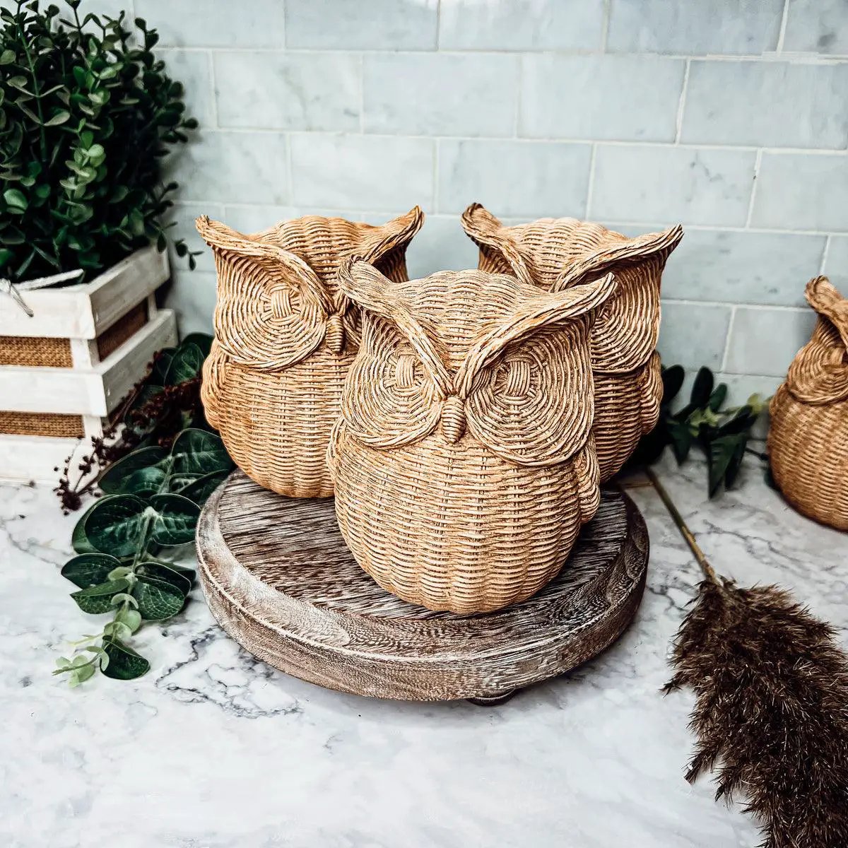Owl basket-weave resin statue set of three for tabletop decor in natural wicker on Tampa Home & Garden Store