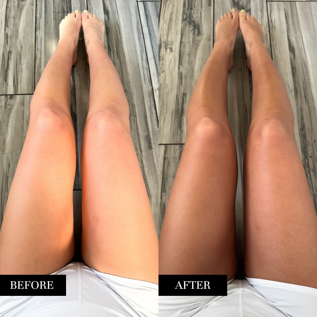 Rapid Rinse Self Tanner Mousse Dark Neutral Bronze on legs before after tan Rose Gold Sunless on Tampa Home & Garden Store