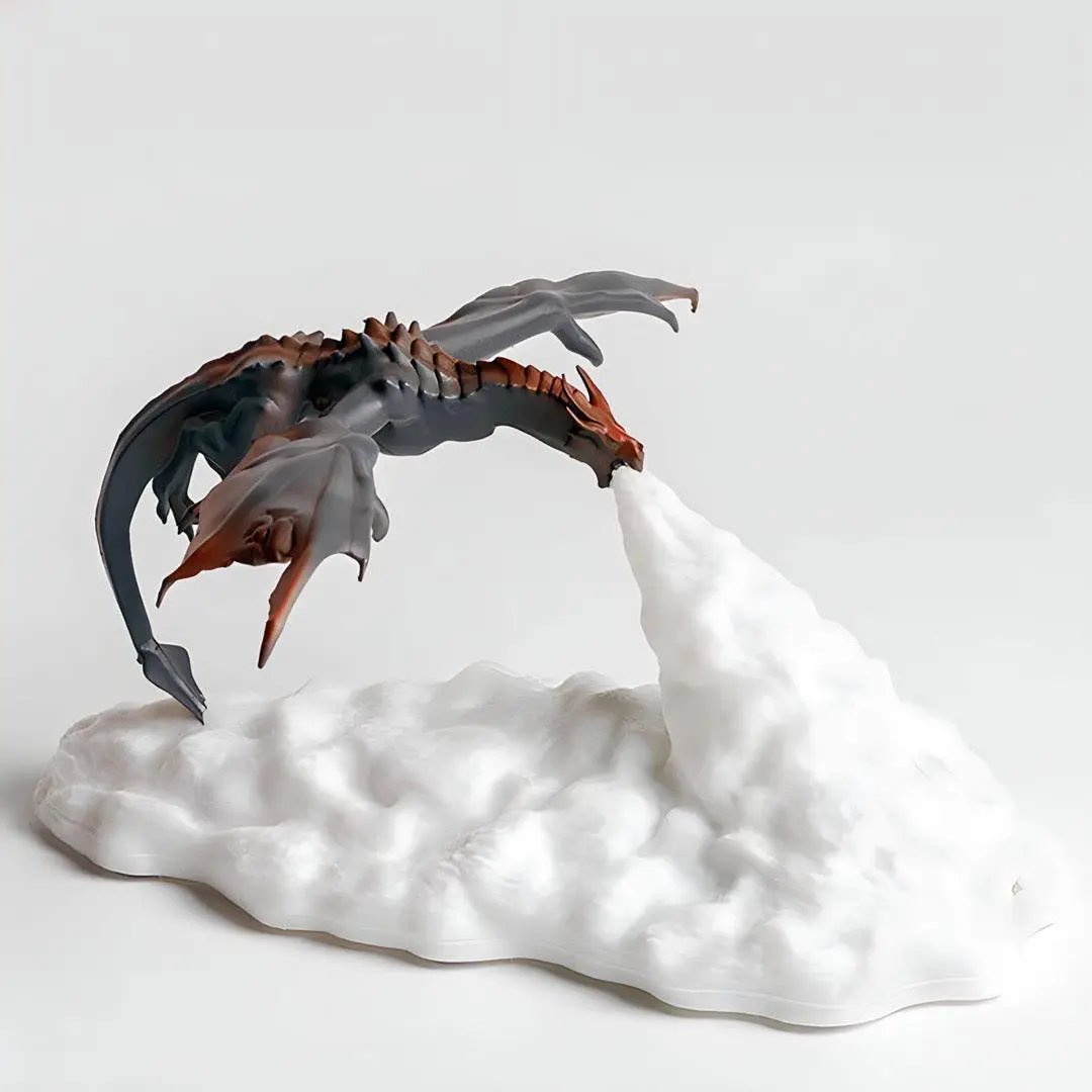 LED Dragon Lamp with gray-blue dragon and orange-spined wings on a snowy base Moktan Sabai on Tampa Home & Garden Store