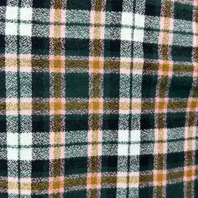 Écharpe infinie ou couverture en flanelle à carreaux vert forêt foncé, noir, blanc, caramel et rose pâle