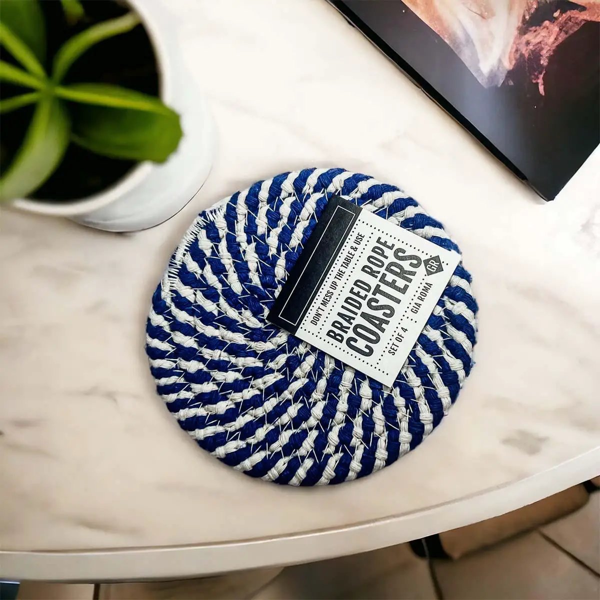 Blue and White Braided Rope Coasters Set of 4