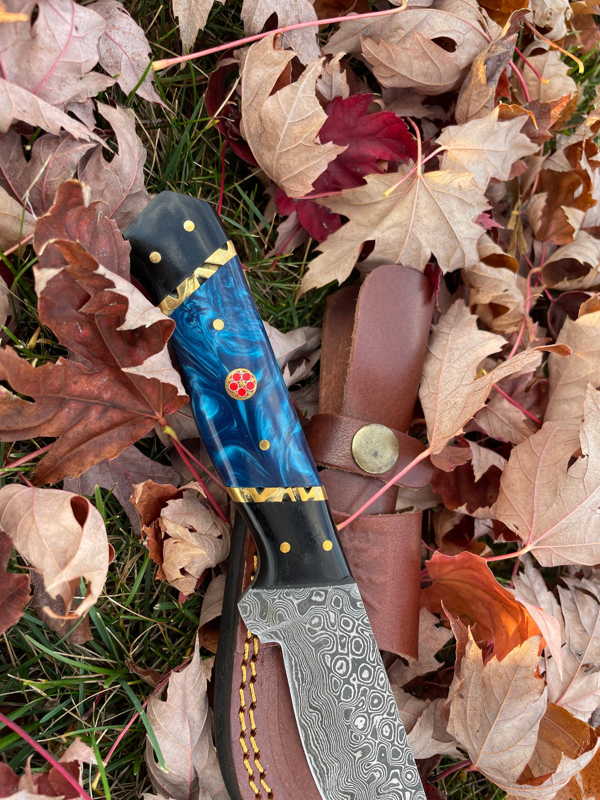 Blue Phantom TK-213 Damascus steel knife with blue marbled handle and brass pins by Titan Int'l K on Tampa Home & Garden Store