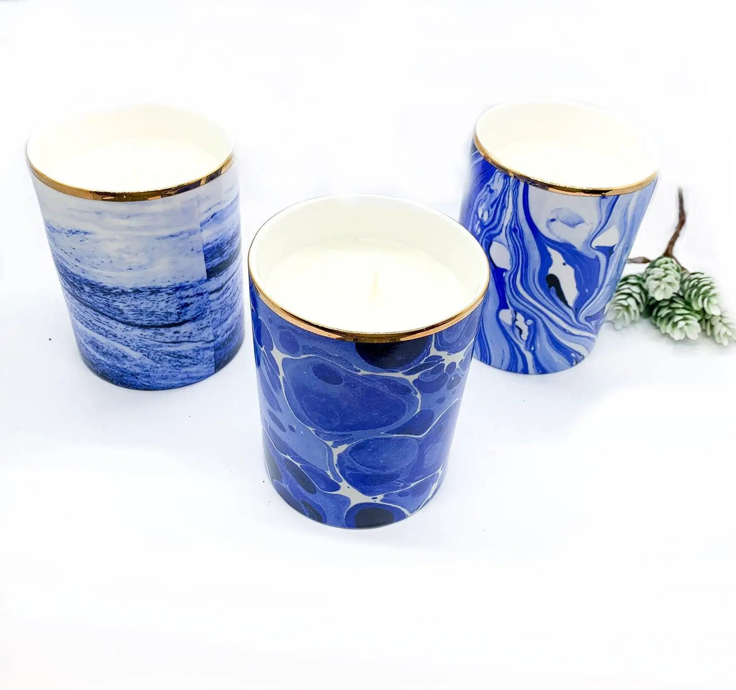 Mediterranean Blue Candle Gift Box Set with three marbled blue jars and gold rims on Tampa Home & Garden Store