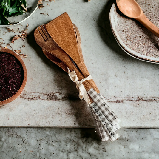 Gia Roma wooden serving utensils set in natural wood finish tied with ribbon on Tampa Home & Garden Store