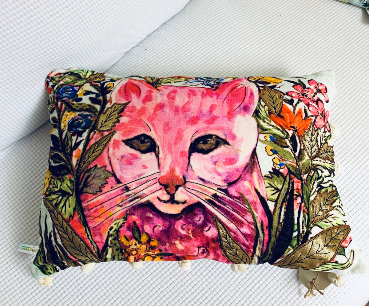 Hand Illustrated Decorative Cat Pillow 14x20 in pink cat with floral border by Vibhsa on Tampa Home & Garden Store